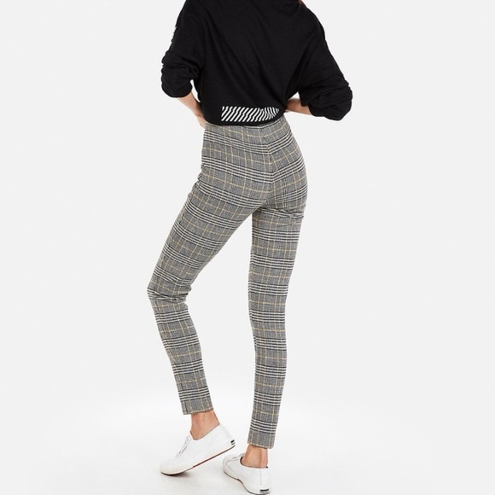 Express‎ Gray Plaid High Waisted Leggings Skinny Stretch Pants Bottoms L (A3)